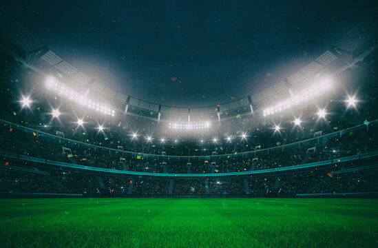 Wall Mural -  - Grand stadium full of spectators expecting an evening match on the green grass field. Sport building 3D professional background illustration.
