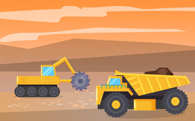 Wall Mural - Machines set working on extraction and transportation of coal. Mining industry machinery on field with minerals and natural resources. Landscape and tractor loaded with soil. Vector in flat style