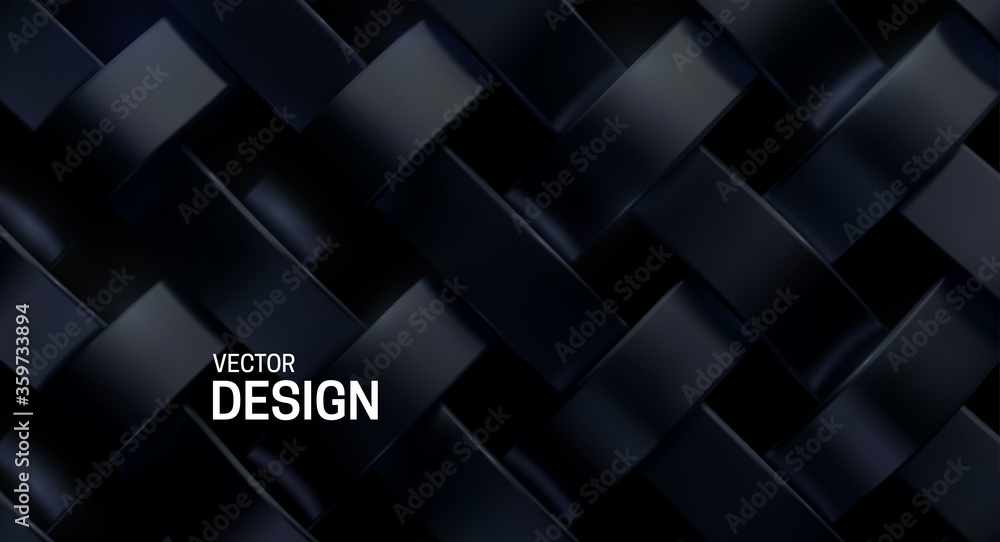 Black weave pattern. Vector 3d realistic illustration. Luxury woven texture. Metallic weave ribbons. Abstract blacksmith background. Steel metal ornament. Interlacing surface. Decoration for design - obrazy, fototapety, plakaty 