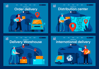 Wall Mural - International delivery flat landing pages set. Online order and delivery at home, global shipping scenes for website or CMS web page. Distribution center, delivery warehouse vector illustration.