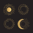 Hand Drawn Gold Half Moon with Sunburst. Golden Moon and Sun Collection

