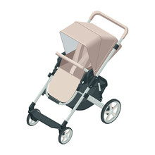 Isometric Baby Carriage Isolated On A White Background. Kids Transport. Strollers For Baby Boys Or Baby Girls.