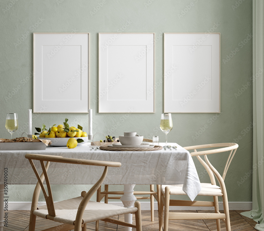 Mock up frame in home interior background, Scandinavian style, 3d render - obrazy, fototapety, plakaty 