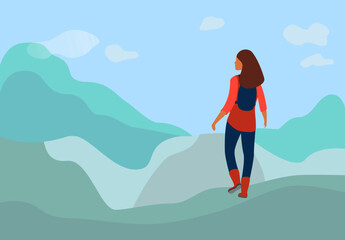 Tourist, travel blogger woman hiking in mountains, vector illustration of explorer, traveller with backpack