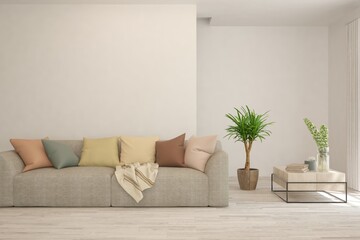 White living room with sofa. Scandinavian interior design. 3D illustration