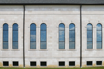 set of matching gothic church clear stained glass arched windows