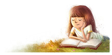 Little Girl Reading On The Meadow