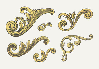 Poster - Baroque elements. Golden leaves and flowers. Swirls for design.  