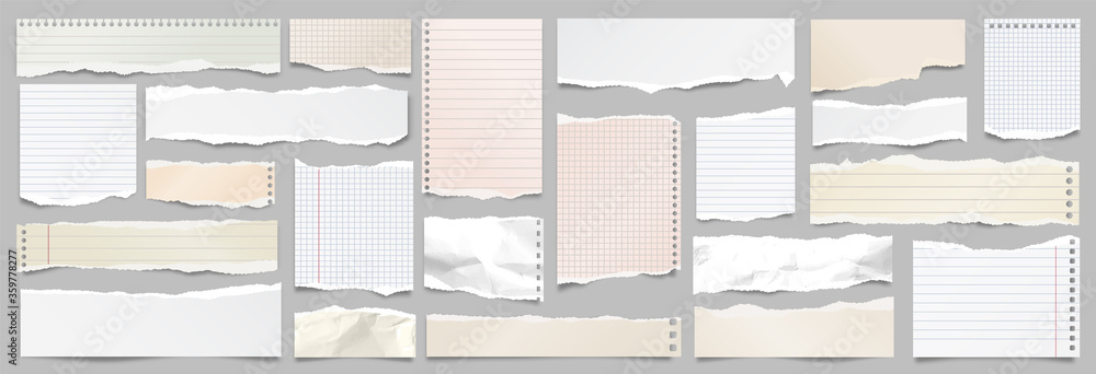 Colored ripped lined paper strips collection. Realistic paper scraps with torn edges. Sticky notes, shreds of notebook pages. Vector illustration. - obrazy, fototapety, plakaty 