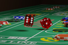 Close Up Of Dice Rolling On A Craps Table. Random Concept. 3d Illustration.