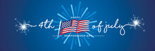 4th Of July Handwritten Typography Happy Independence Day Firework US Abstract Wavy Flag Blue Background Banner