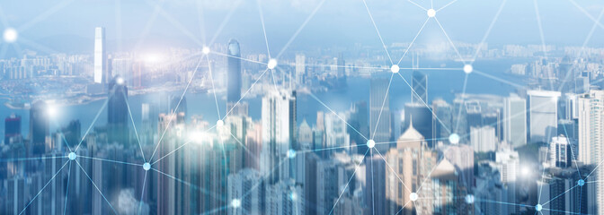 Wall Mural - networking fast wireless internet concept iot network telecommunication 5g website header double exp