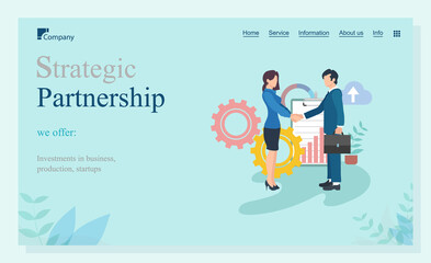 Partnership strategic, offer investments in business, production and startup. Workers shaking hands, company union online, marketing innovation vector. Website or landing page template flat style