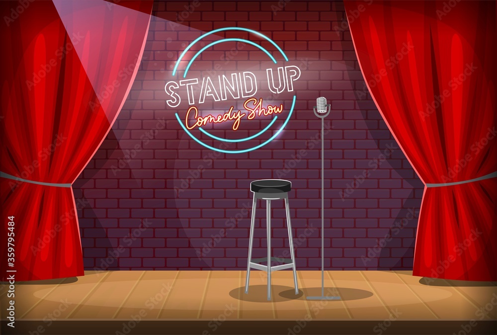 Stand-up empty stage. Scene of a comedy club with microphone, red curtains, chair and stand-up comedy show logo on a red brick wall,