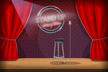 Stand-up Empty Stage. Scene Of A Comedy Club With Microphone, Red Curtains, Chair And Stand-up Comedy Show Logo On A Red Brick Wall,