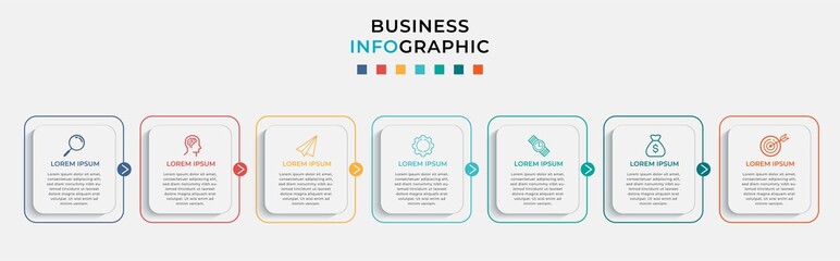 Business Infographic design template Vector with icons and 7 seven options or steps. Can be used for process diagram, presentations, workflow layout, banner, flow chart, info graph