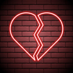 Wall Mural - Broken heart neon light icon. Heartbreak glowing sign. Beak up. Vector isolated illustration