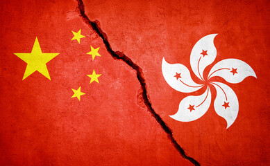 Wall Mural - China and Hong Kong conflict. Country flags on broken wall