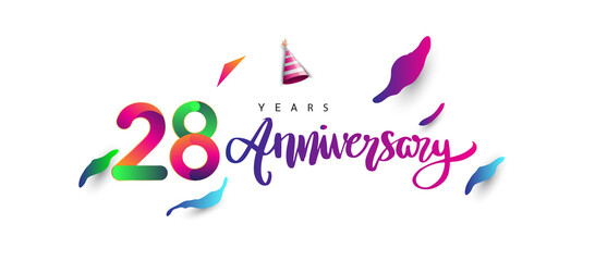28th anniversary celebration logotype and anniversary calligraphy text colorful design, celebration birthday design on white background.