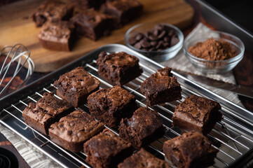 Wall Mural - chocolate brownies with ingredients and baking tools