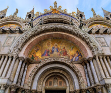 Saint Mark's Basilica Facade Mosaics Of Christ And Last Judgment On Saint Mark's Or San Marco Square, Venice, Italy