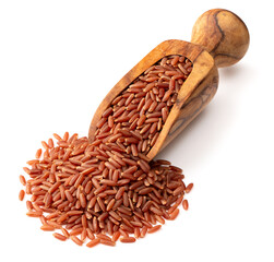 uncooked red rice in the wooden scoop, isolated on white background