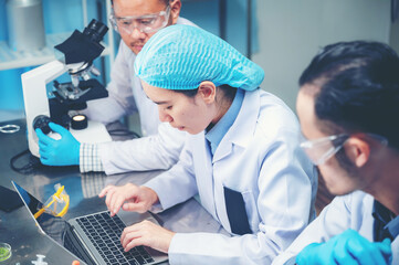 Wall Mural - scientists are recording data and analyzing laboratory study results.