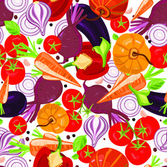  A mix of many bright vegetables on a white background: tomatoes, peppers, pumpkins, carrots, beets, onions, Basil leaves. Seamless pattern. Vector hand drawing.