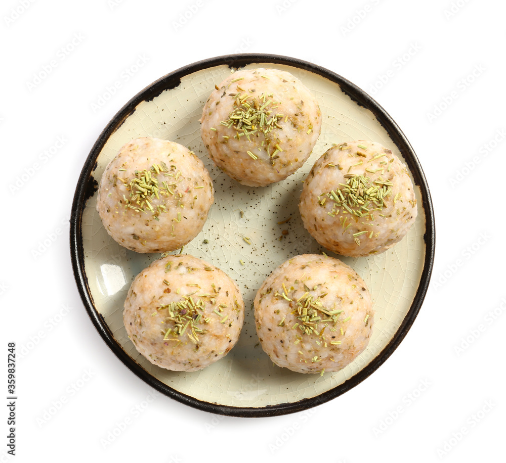 Plate with traditional Japanese onigiri on white background
