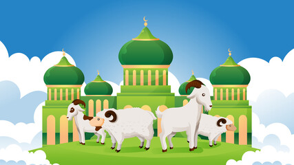 Wall Mural - set of sacrifice animal in front of mosque for eid al adha celebration