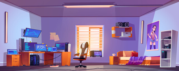 Teenager boy bedroom interior, gamer, programmer, hacker or trader room with multiple computer monitors at work desk, unmade bed, 3d printer on shelf and placard on wall, cartoon vector illustration