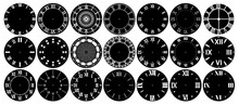 Antique Clock Face. Vintage Dial With Roman Numerals, Retro Watchface For Round Analog Clocks. Elegant Time Classic Dials Design Vector Set