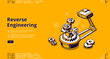 Reverse engineering banner. Concept of disassemble product and research functions for analysis, upgrade, quality control. Vector landing page of back engineering with isometric gears and scanner