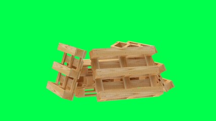 Wall Mural - 3D animation of a rotation of a pile of empty wooden pallets, in the form of a platform isolated on a green screen. 4K video.