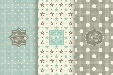 Poster - Set of seamless hand drawn texture design for backgrounds, business cards, web design. Abstract retro seamless patterns in polka dot and star. Vintage design of background with frame. Vector