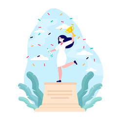 Wall Mural - young nurse winning golden cup. syringe, doctor, award flat vector illustration. medicine and contes
