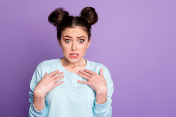 Sticker - Portrait of frustrated anxious girl youth hear horrible news information her choose decide point hand herself wear good look clothes isolated over violet color background