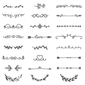 Various decorative text dividers set. Black hand drawn ornament borders and calligraphic elements isolated vector illustration collection. Decoration and ornaments concept
