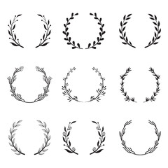 Various round floral and laurel frames set. Branch wreathes, olive branches and leaf elements isolated vector illustration collection. Achievement and victory concept