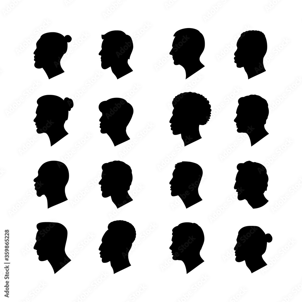 Set vector illustration of men's heads in profile of european and asian and  also afro-american nationality black silhouette on a white background.  Stock Vector | Adobe Stock, image size:1000x1000