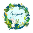 © MySunShine - Colorful round card or background with hand drawn lettering Summer and cute character rabbit. Funny frame with white hear, butterflies, caterpillars, leaves, grass - flowers. Vector illustration.