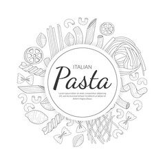 Wall Mural - Pasta Banner Template, Traditional Italian Cuisine Dish, Food Menu, Restaurant, Cafe Flyer, Card, Business Promote Hand Drawn Vector Illustration