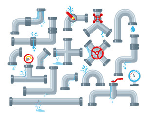 Vector set of details ware pipes system in flat style. Broken pipe with leaking water. Collection of water tube, leakage, plastic pipeline, leaking valve, dripping drain. Industrial technology.