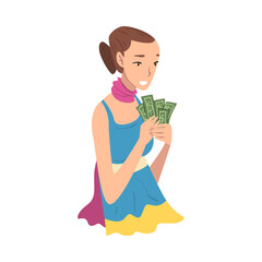 Poster - Young Woman Holding Banknotes of Money in Her Hands Vector Illustration on White Background.