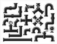 Vector Icons Set Of Details Ware Pipes System In Flat Style. Silhouette Collection Of Water Tube, Plastic Pipeline, Filtres, Gas Valve, Fittings, Plumbing, Faucet, Sewage. Construction And Industrial 