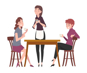 Sticker - Two Girls Sitting at Table in Coffee Shop and Waitress Serving Them, People Drinking Coffee and Relaxing at Coffeehouse or Cafe Vector Illustration