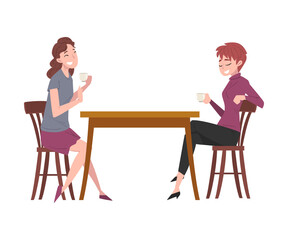 Sticker - Two Girls Sitting at Table in Cafe, People Drinking Coffee and Relaxing at Coffeehouse or Coffee Shop Vector Illustration