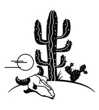 Desert Landscape With Cactuses And Cow Skull. Arizona Desert With Yellow Sun And Black Cactuses Silhouette And Cow Skull Isolated On White. 