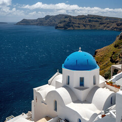 Wall Mural - Santorini blue domed church overlooking the Mediterranean Aegean Sea and caldera on a sunny blue sky day