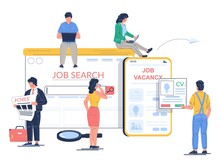 Job search vector concept flat style design illustration. Tiny characters looking for vacancy job using newspaper, laptop, tablet and mobile phone. Human resources, employment, recruitment.